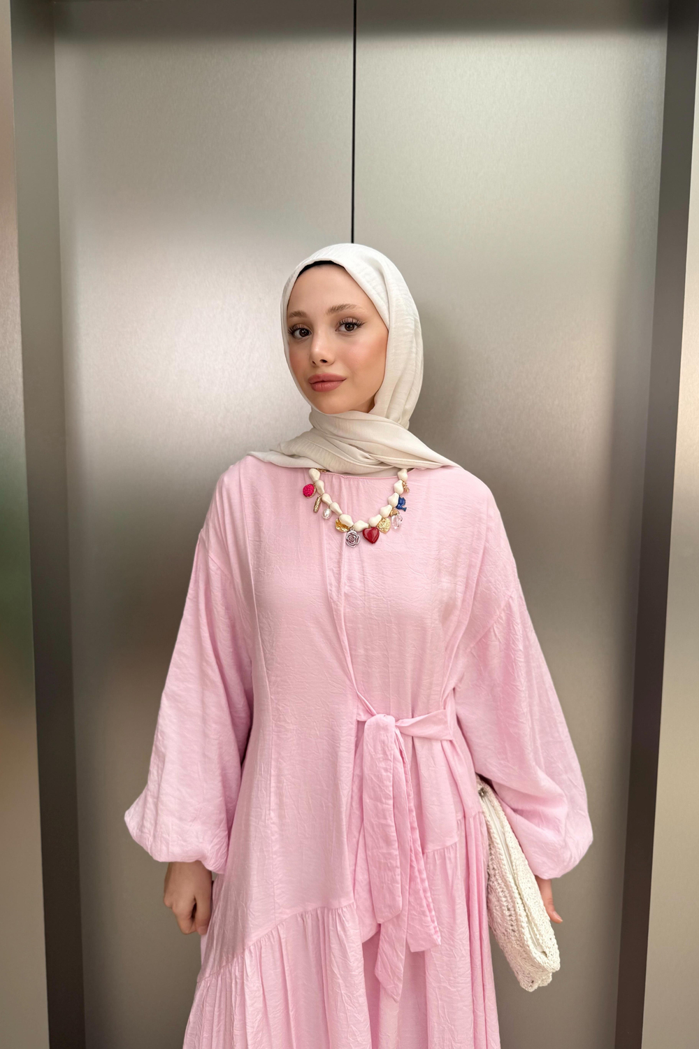 Bağlamalı Balon Kol Elbise - Pembe