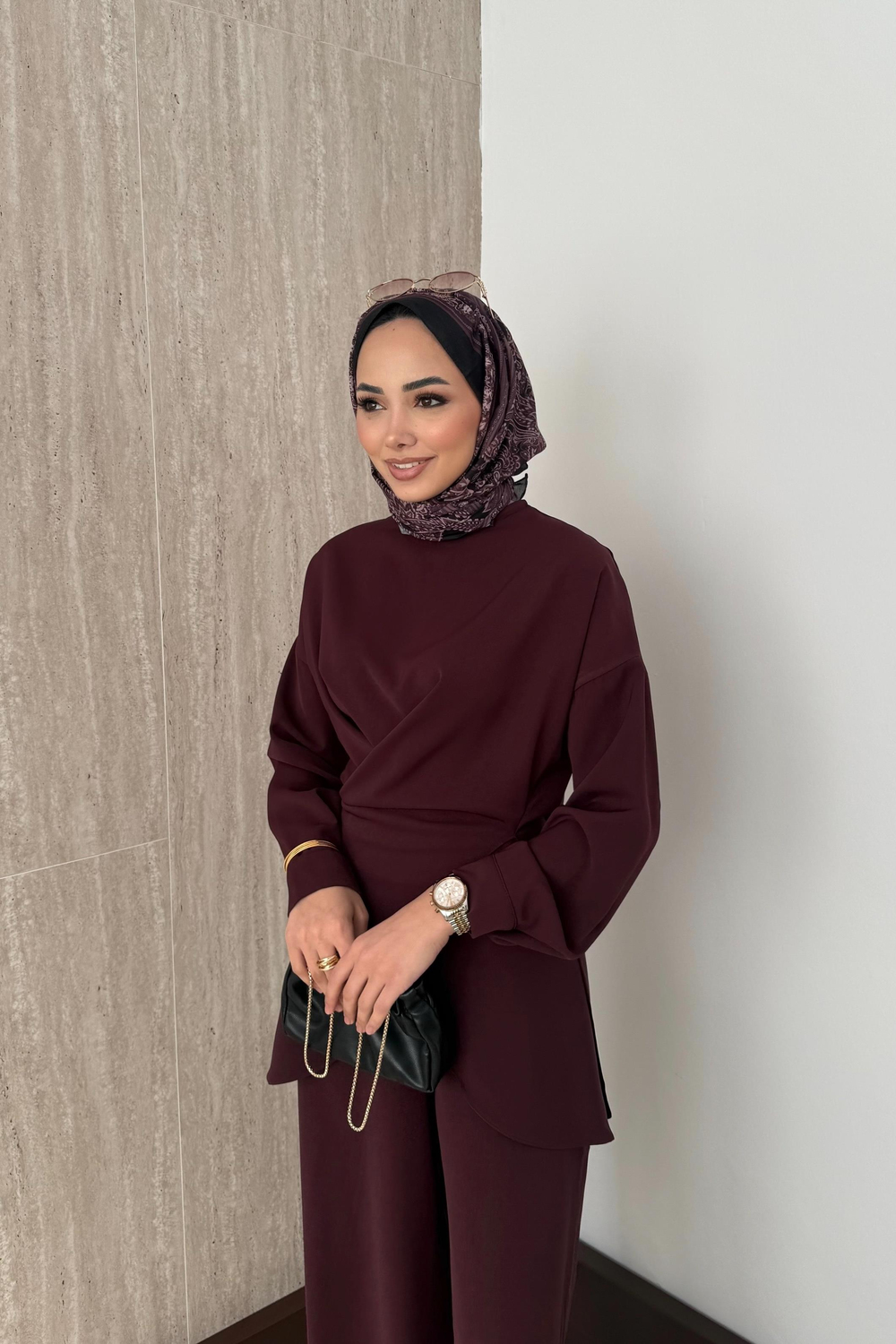 Bağlamalı Pantolonlu Takım - Bordo