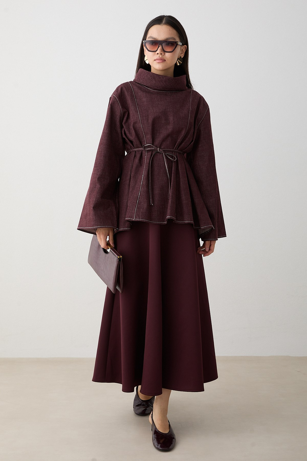 Balıkçı Yaka Denim Gömlek - Bordo