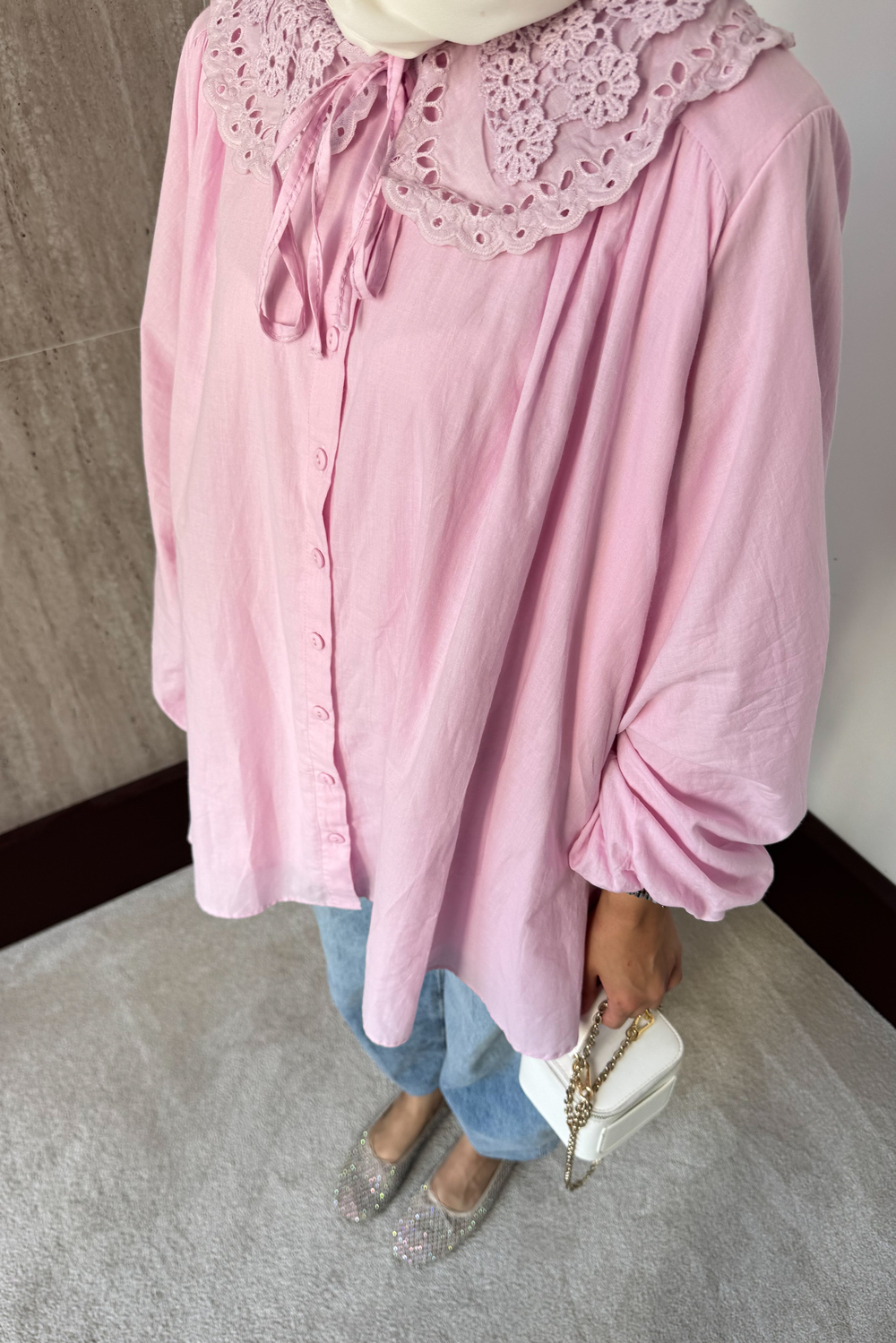 Bebe Yaka Balon Kol Gömlek - Pembe