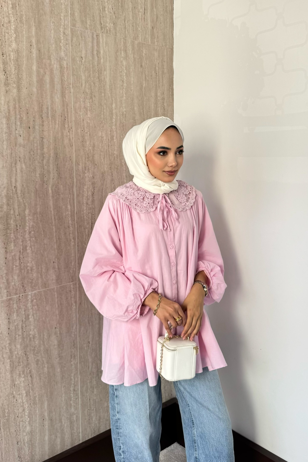 Bebe Yaka Balon Kol Gömlek - Pembe