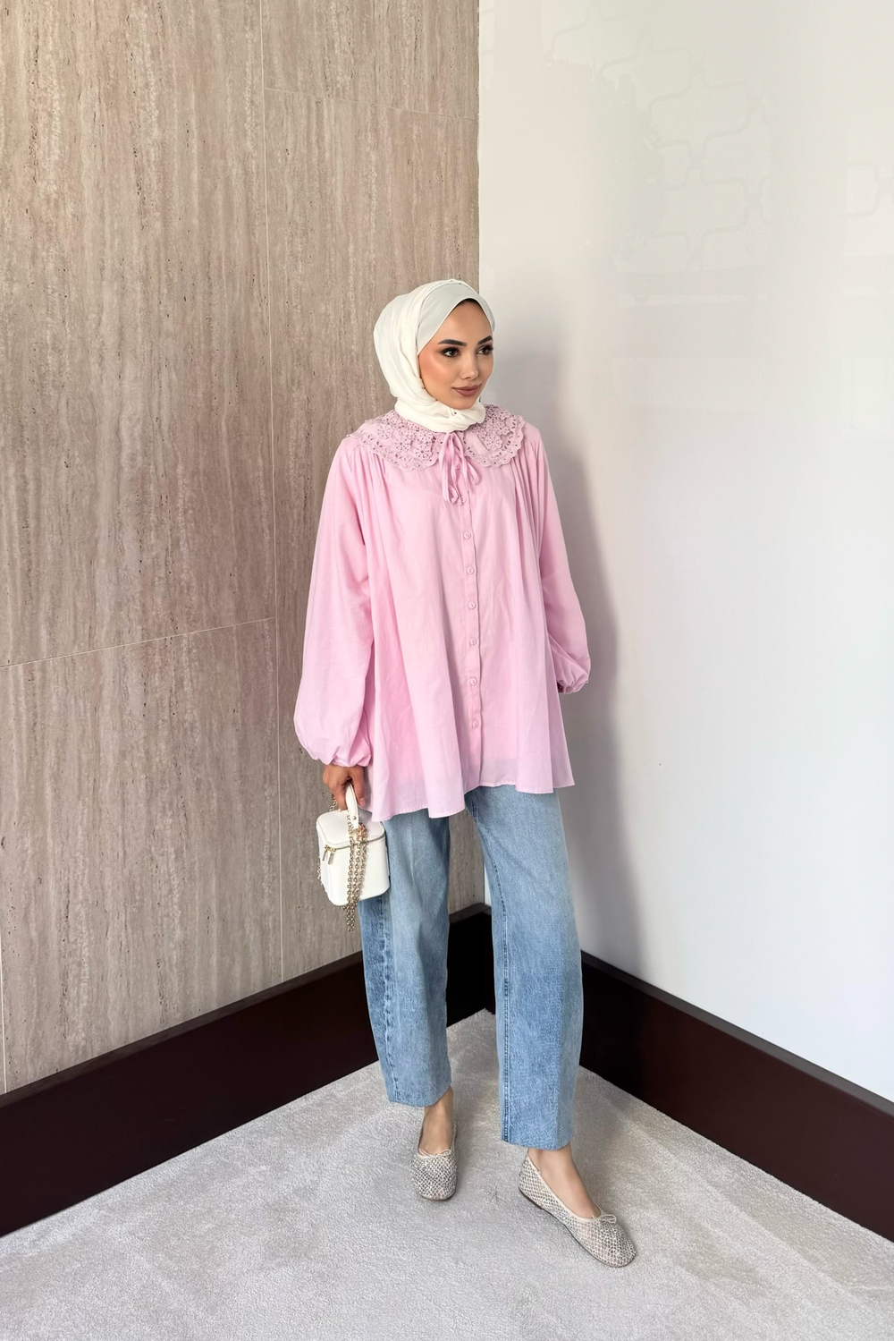 Bebe Yaka Balon Kol Gömlek - Pembe