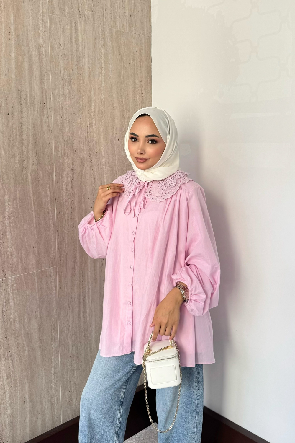 Bebe Yaka Balon Kol Gömlek - Pembe