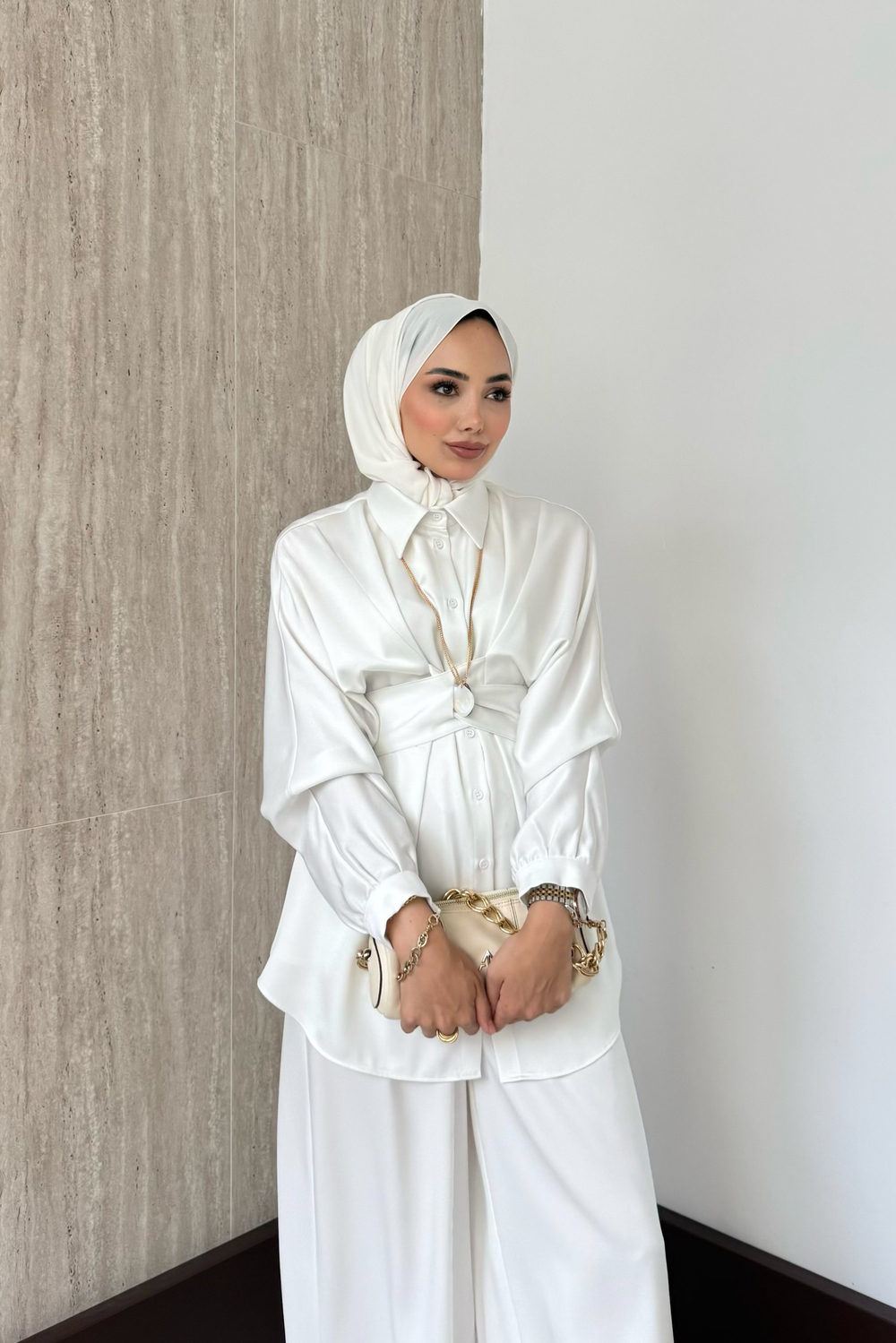 Belden Bağlamalı Saten Takım - Bej