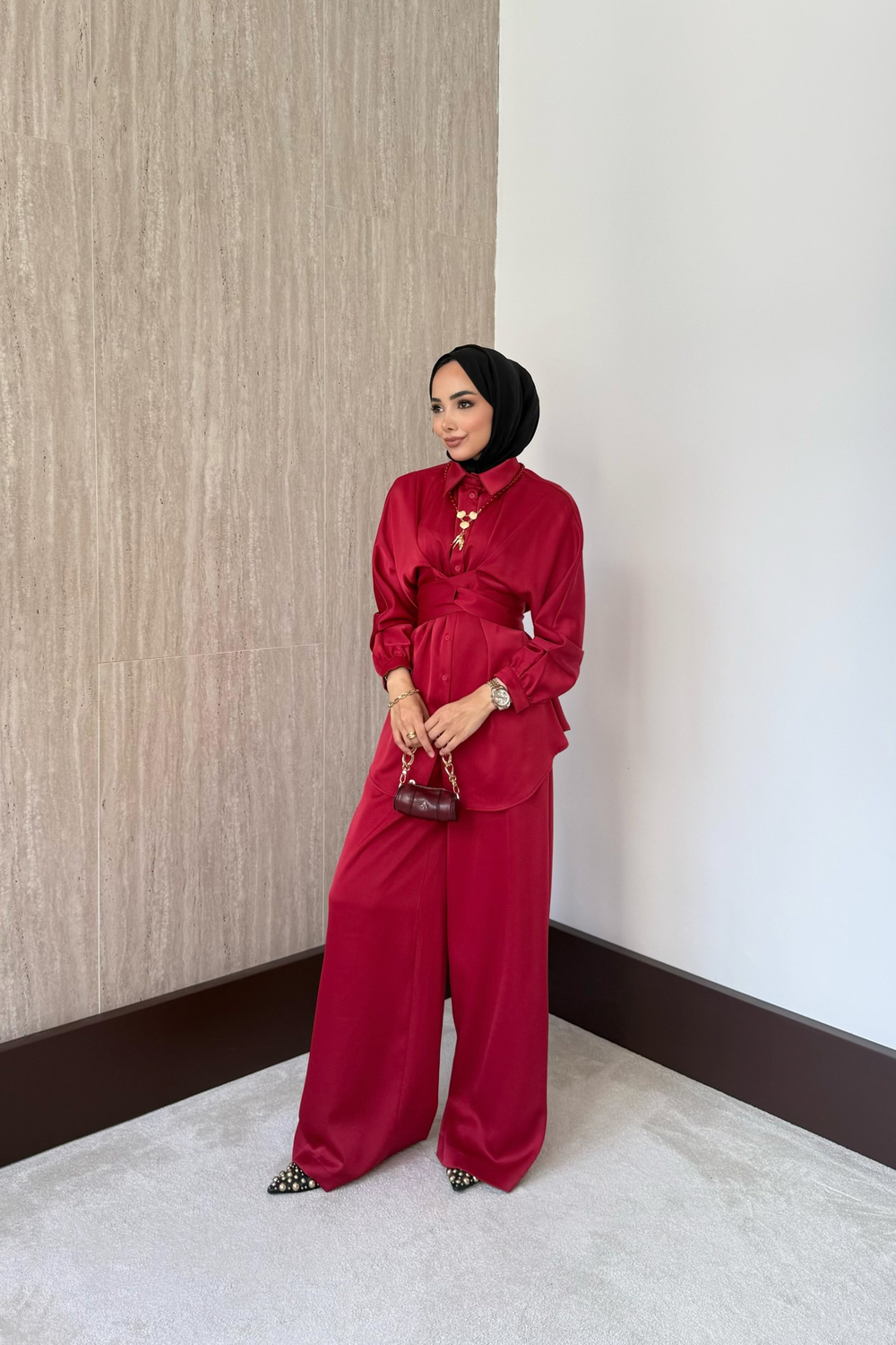 Belden Bağlamalı Saten Takım - Bordo