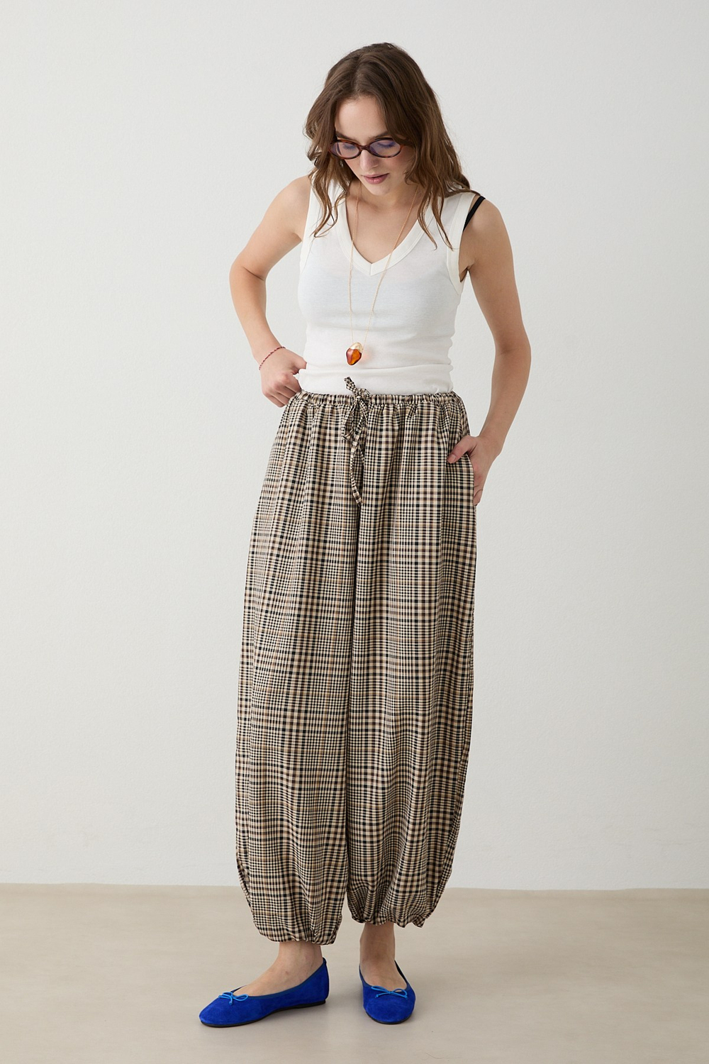 Beli Lastikli Ekose Pantolon - Kahve