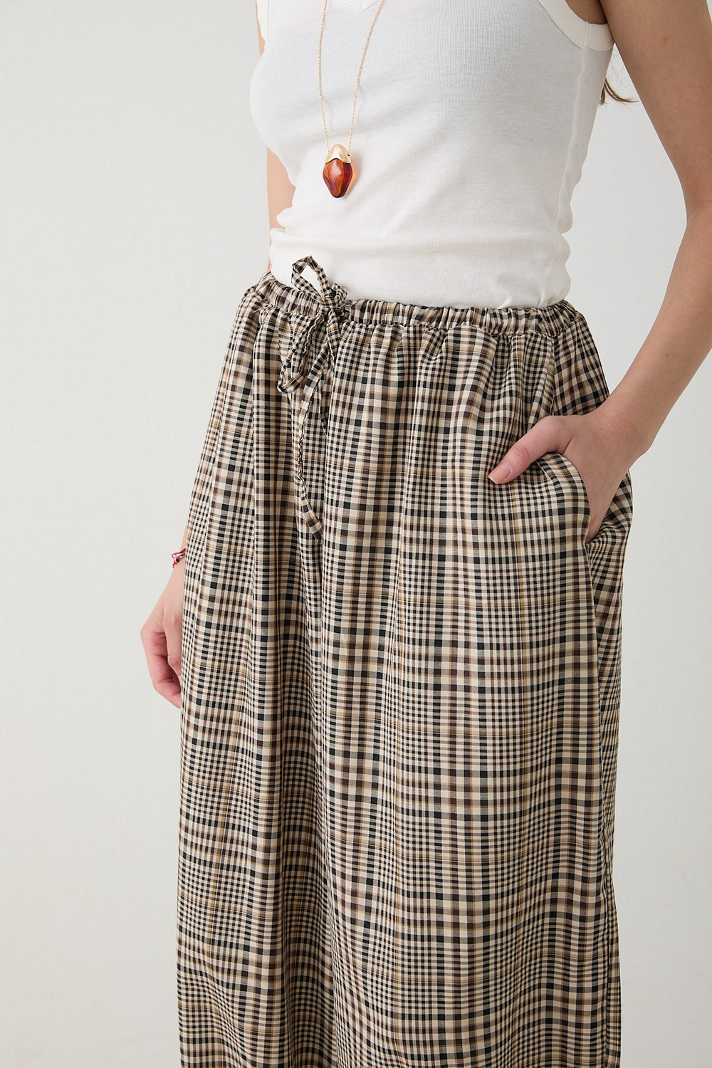 Beli Lastikli Ekose Pantolon - Kahve
