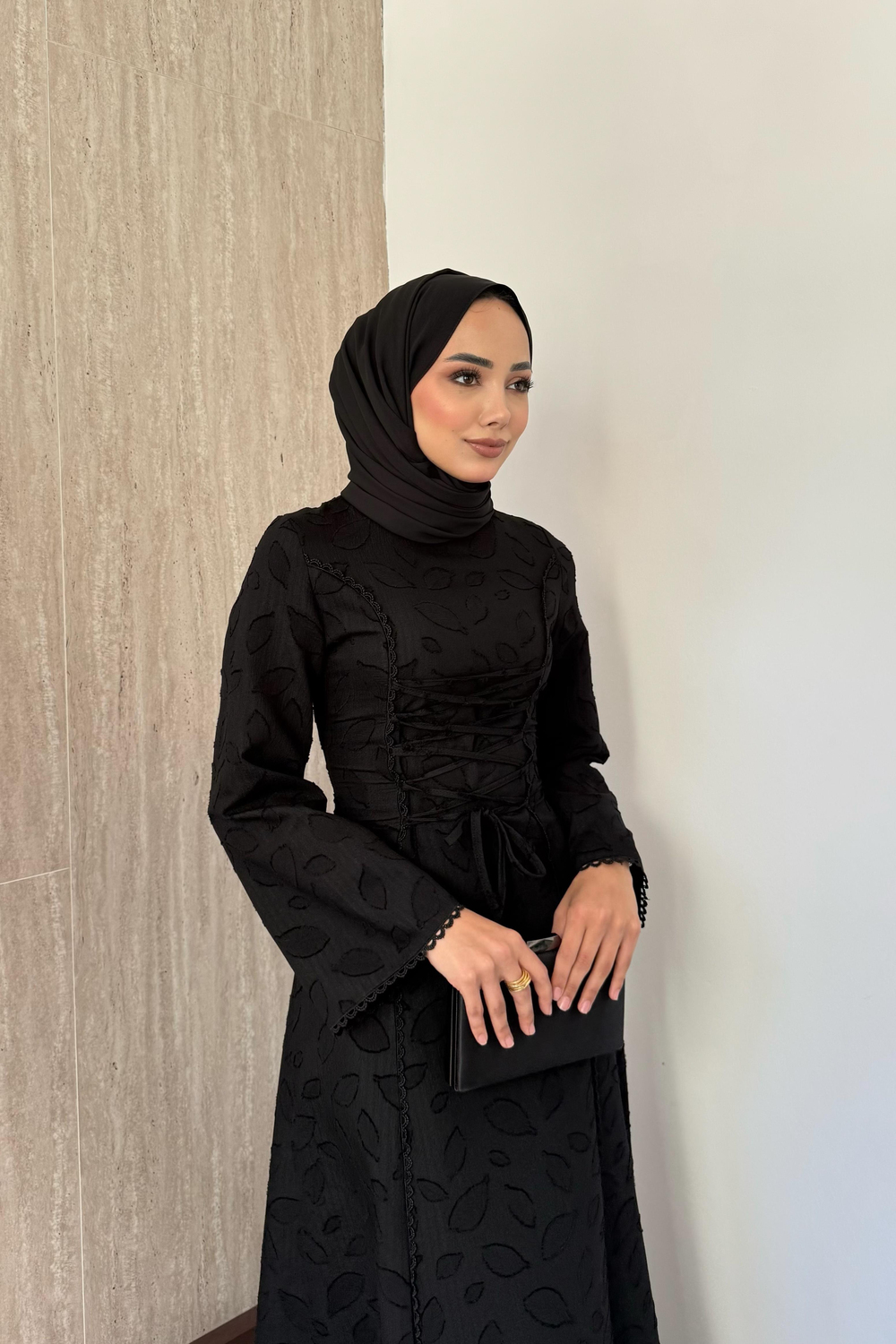 Birit Bağlamalı Dantel Elbise - Siyah