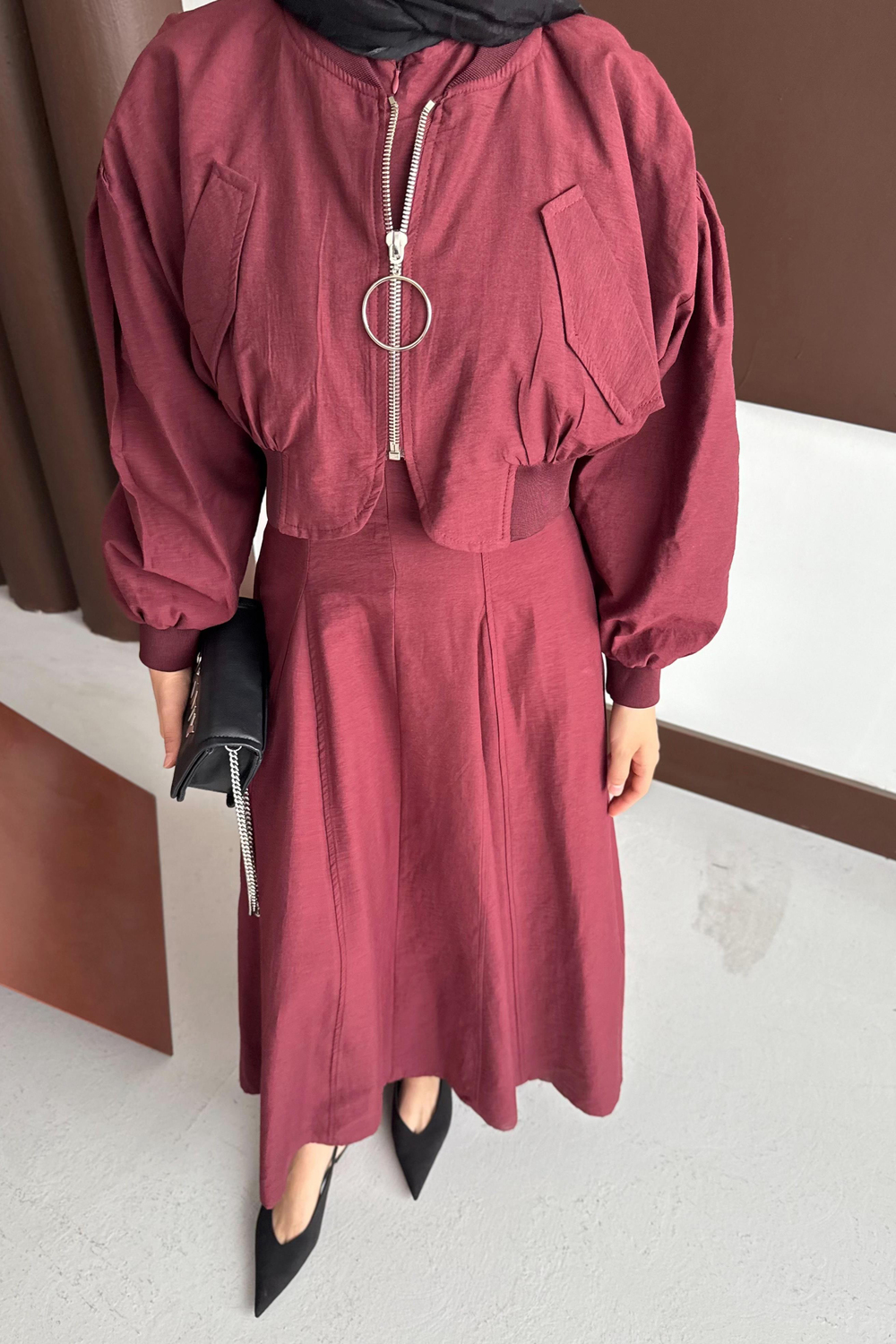 Bomber Ceketli Elbise - Bordo