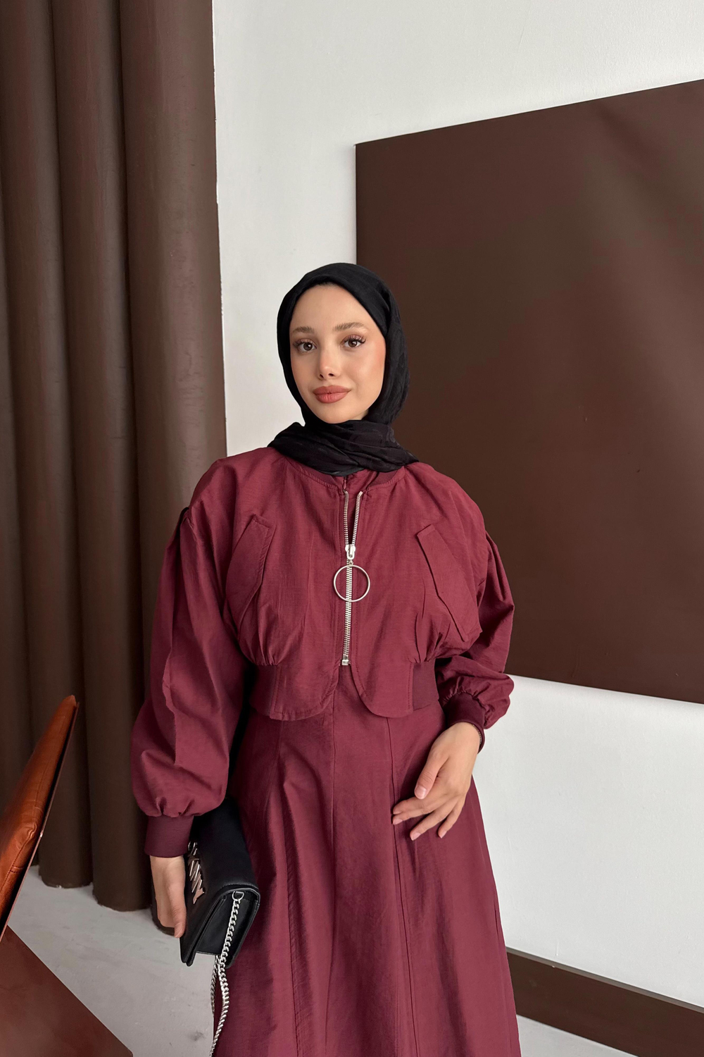 Bomber Ceketli Elbise - Bordo
