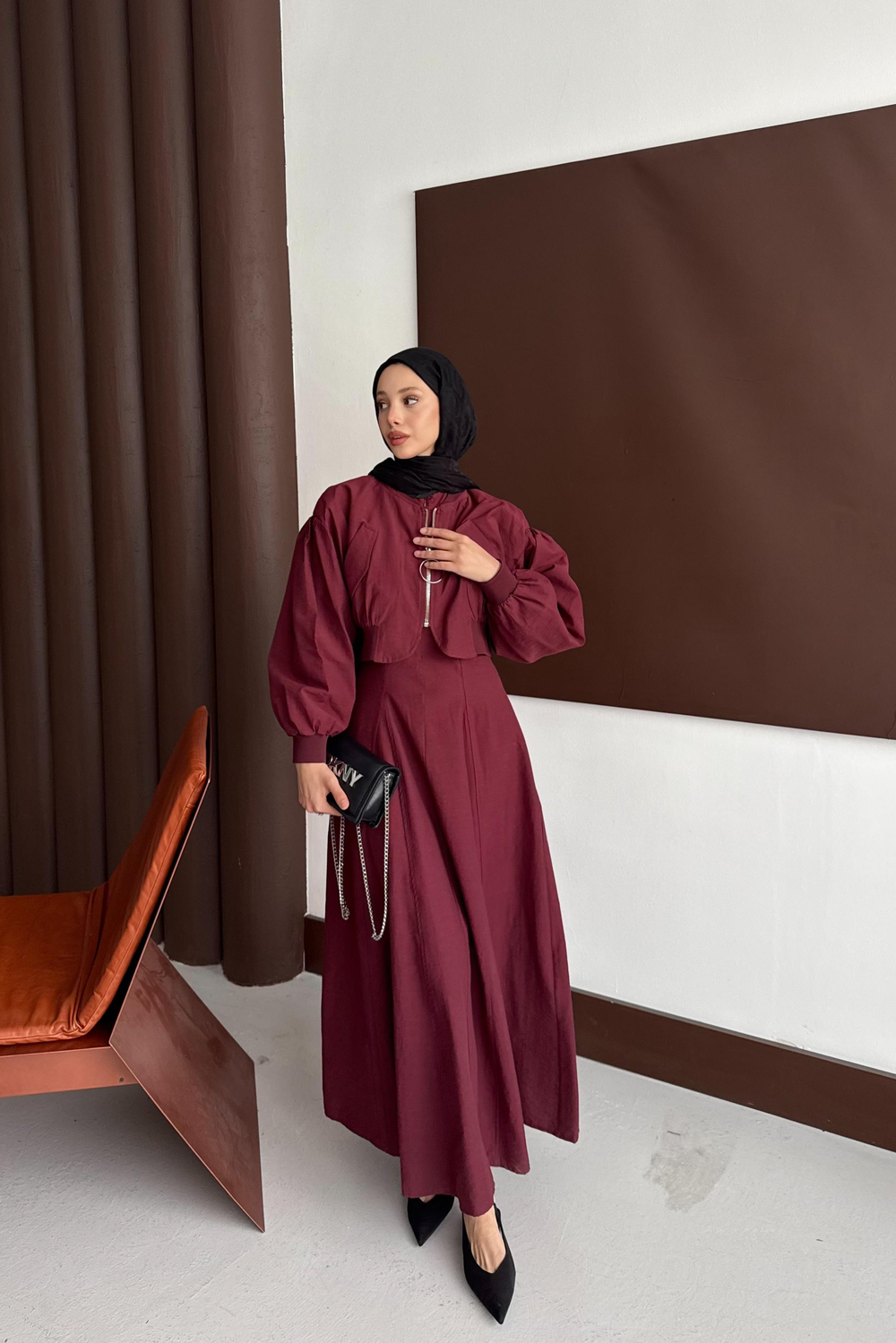 Bomber Ceketli Elbise - Bordo