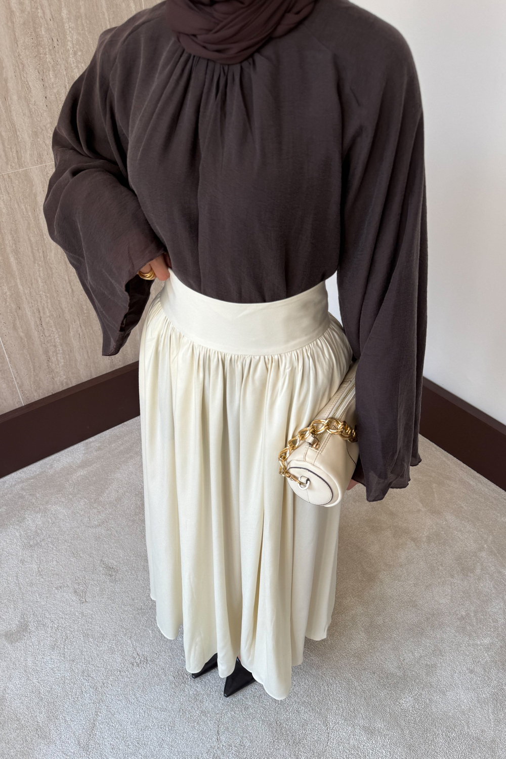 Kraşlı Saten Etek - Krem