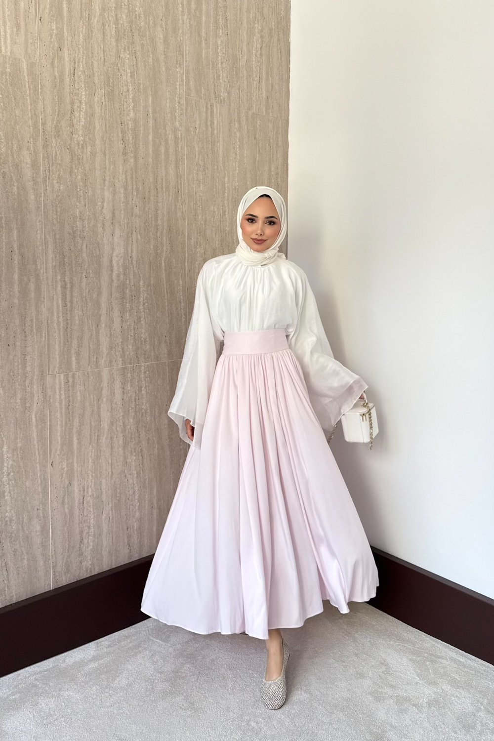 Kraşlı Saten Etek - Pembe