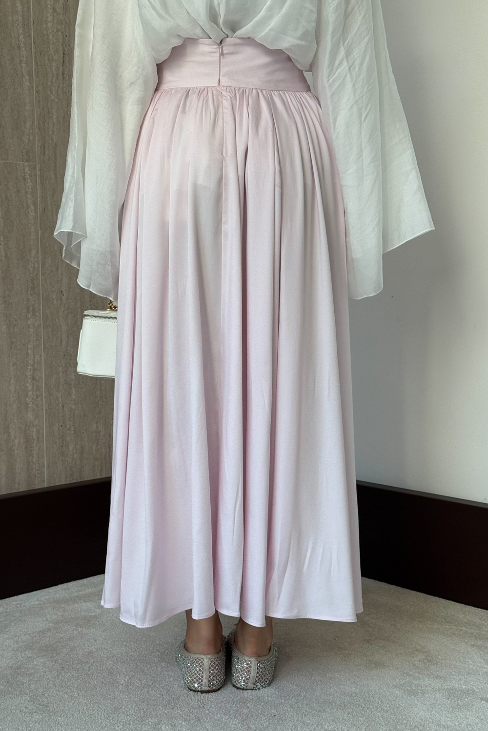 Kraşlı Saten Etek - Pembe