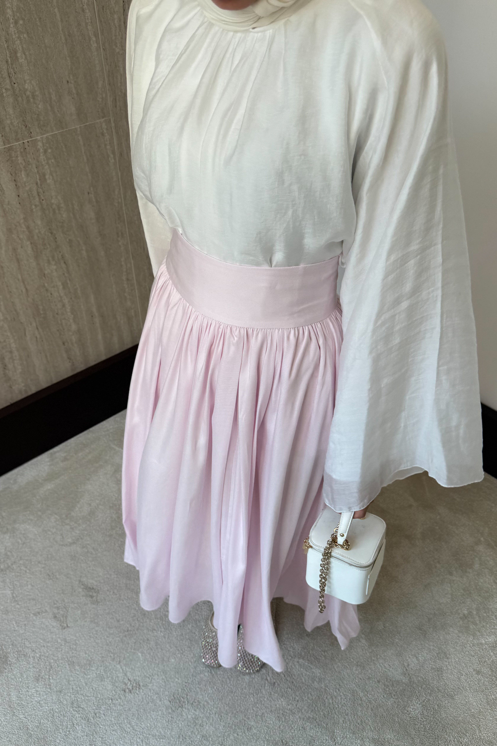 Kraşlı Saten Etek - Pembe
