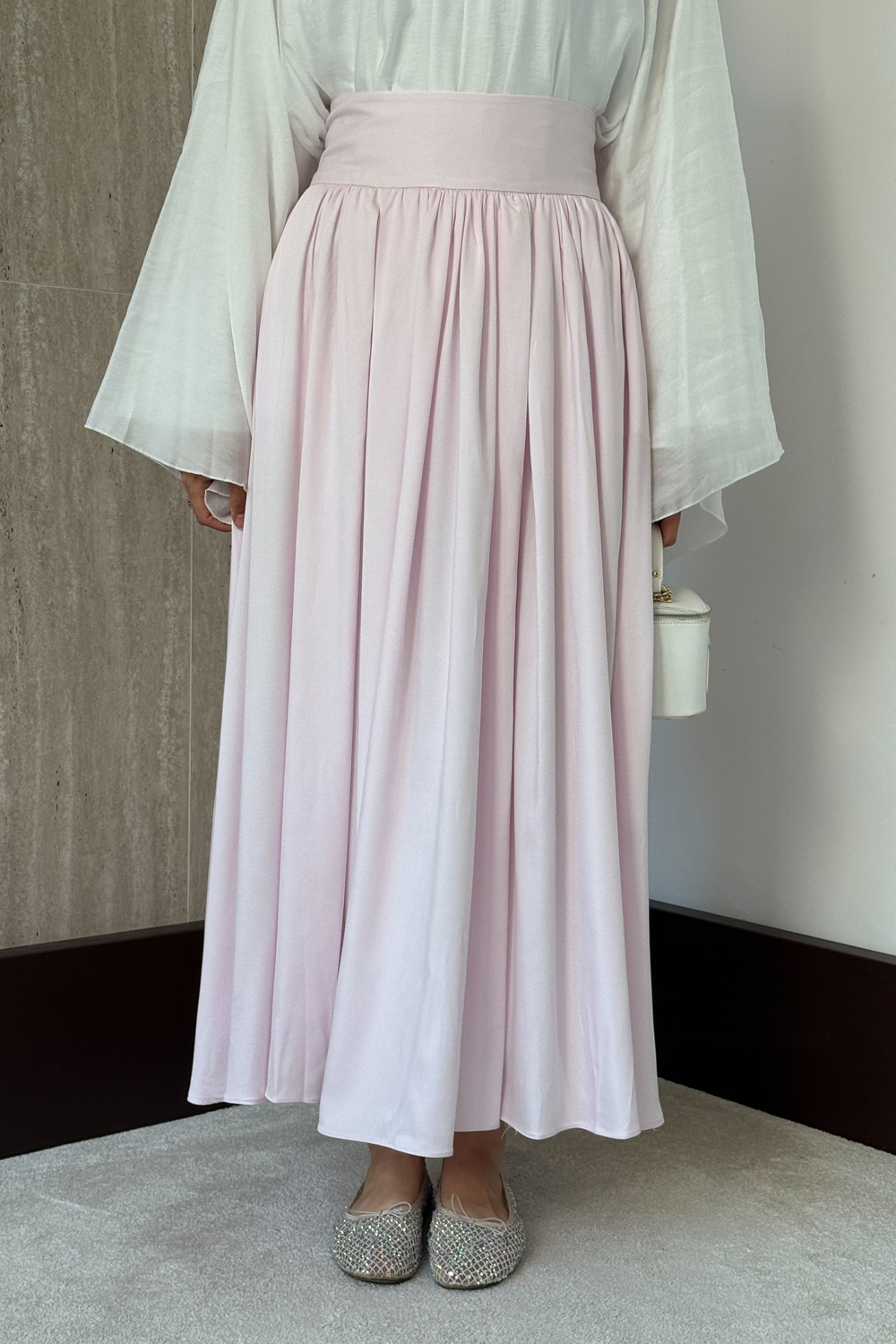 Kraşlı Saten Etek - Pembe