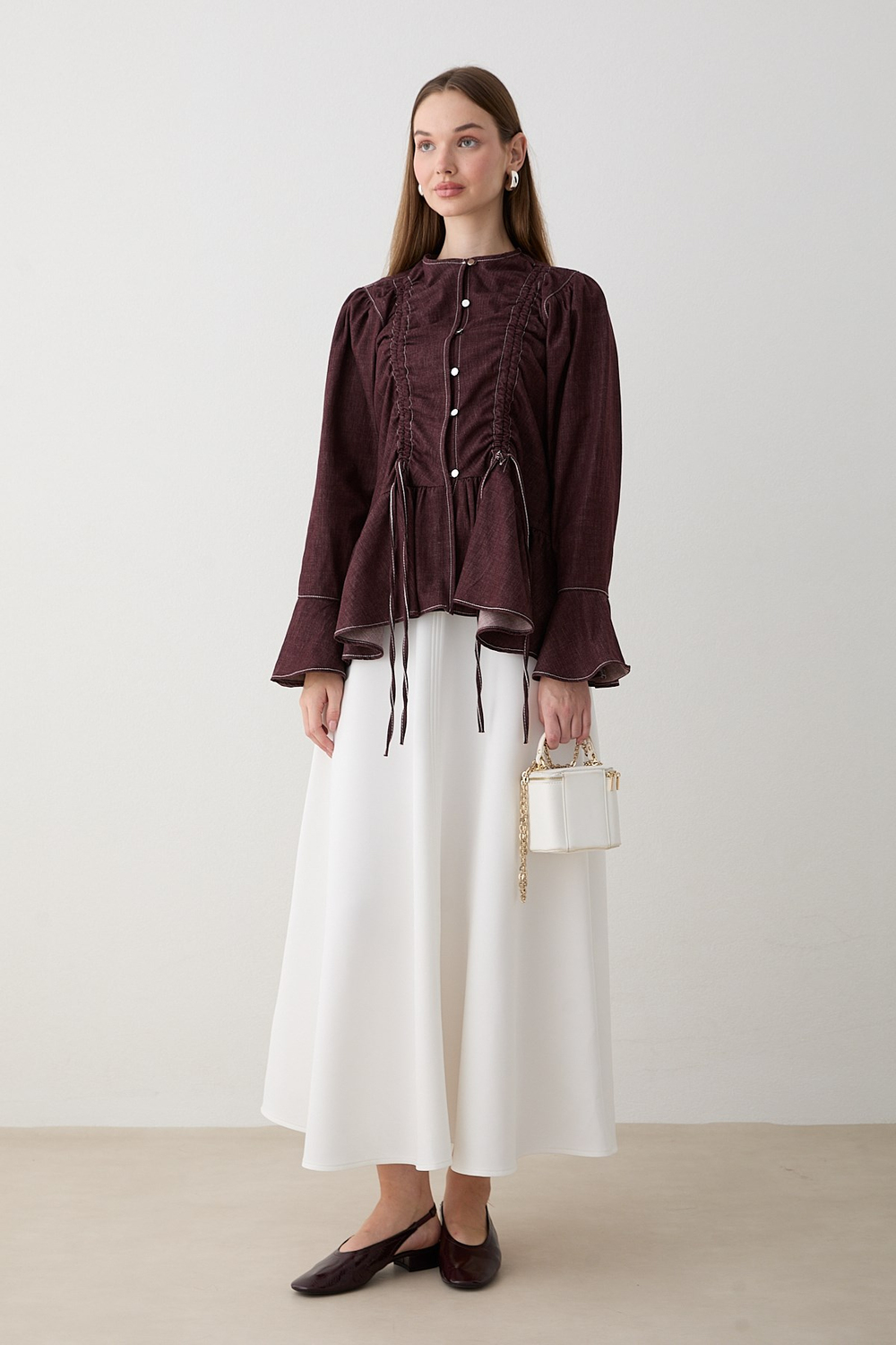 Büzgülü Peplum Kot Gömlek - Bordo