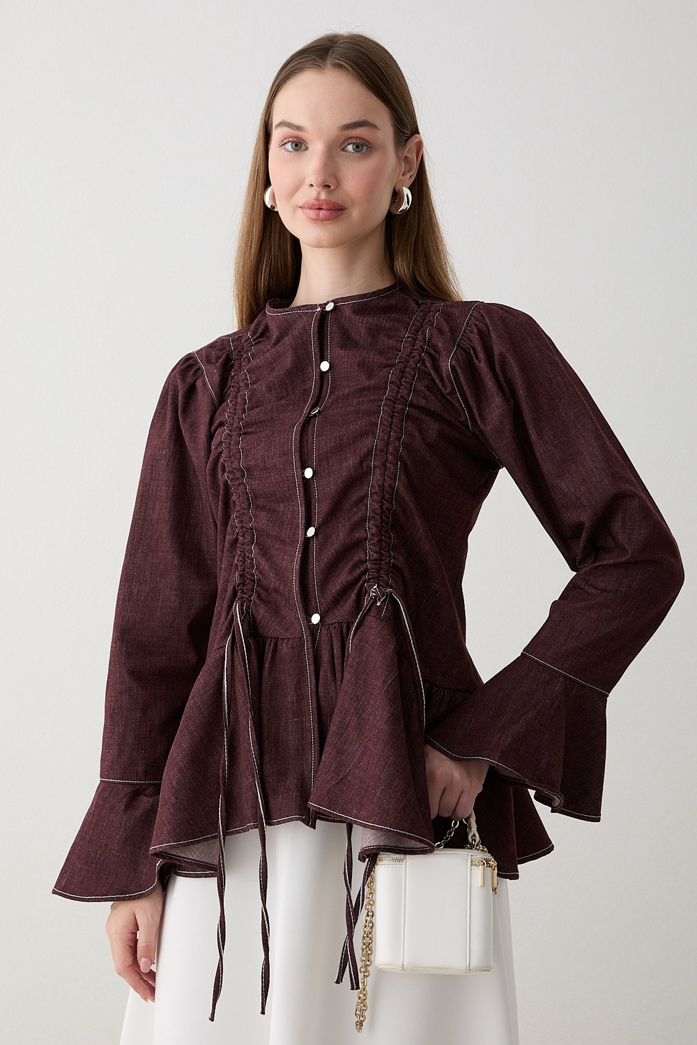 Büzgülü Peplum Kot Gömlek - Bordo