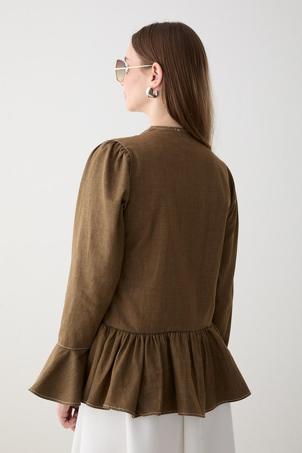 Büzgülü Peplum Kot Gömlek - Haki