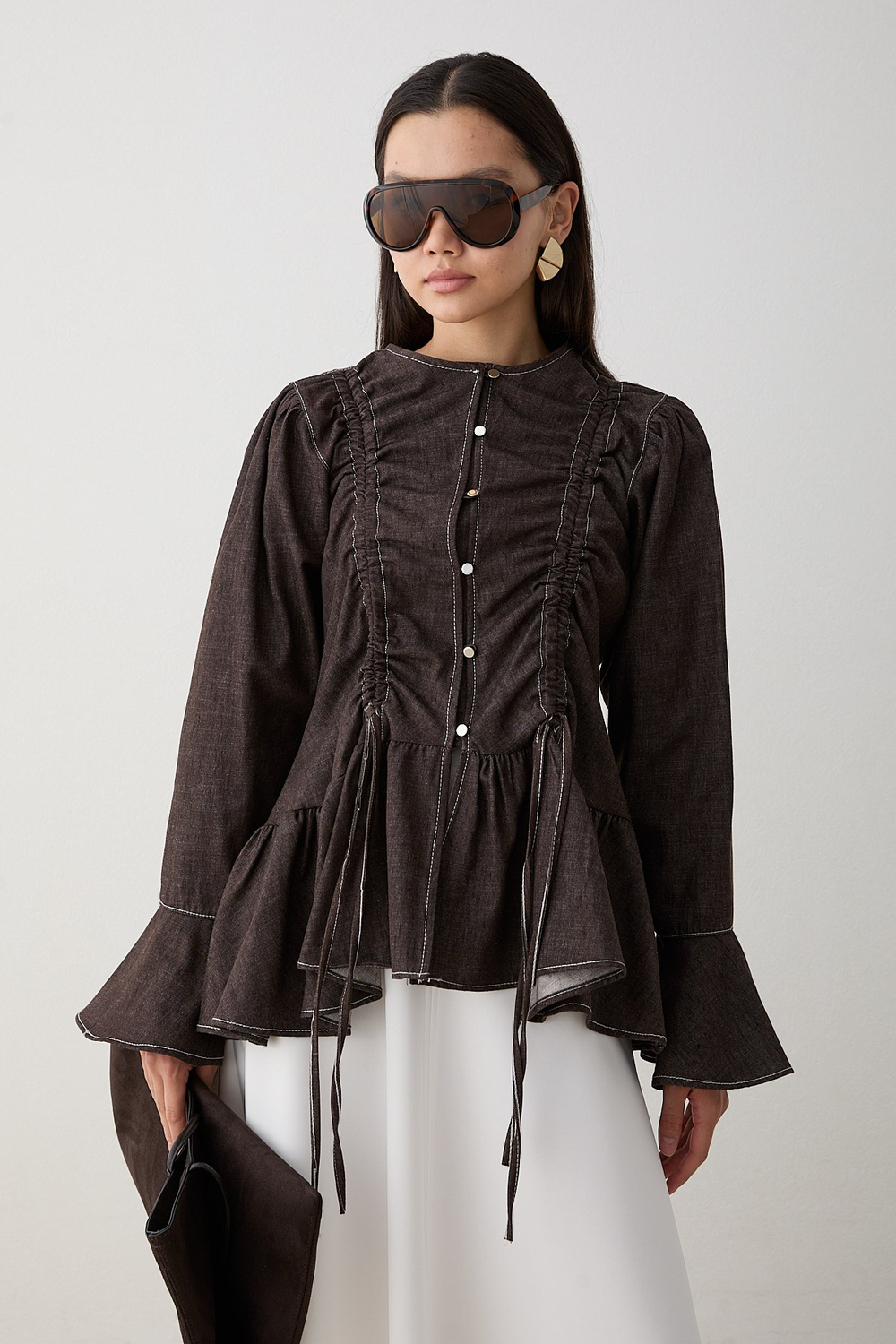 Büzgülü Peplum Kot Gömlek - Kahve