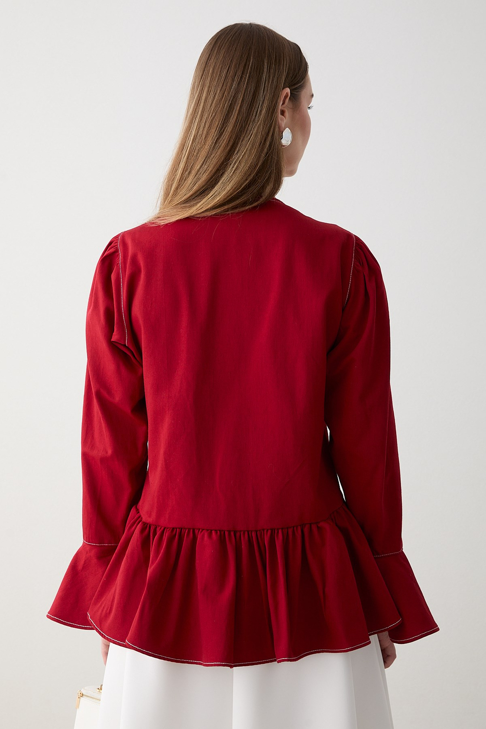 Büzgülü Peplum Kot Gömlek - Kırmızı