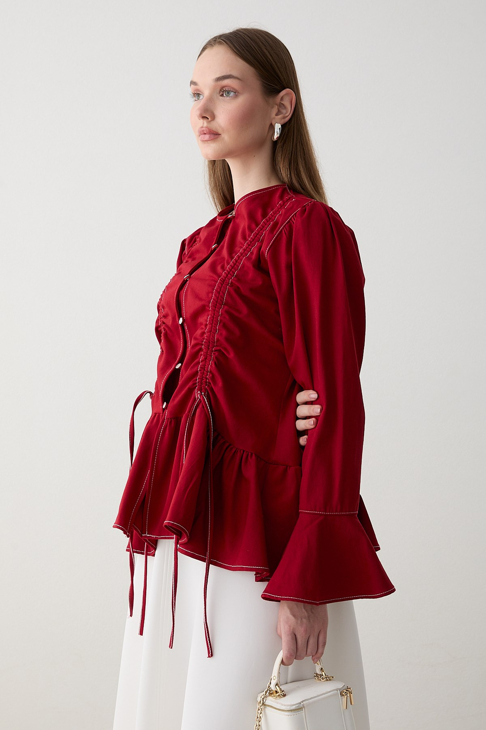 Büzgülü Peplum Kot Gömlek - Kırmızı