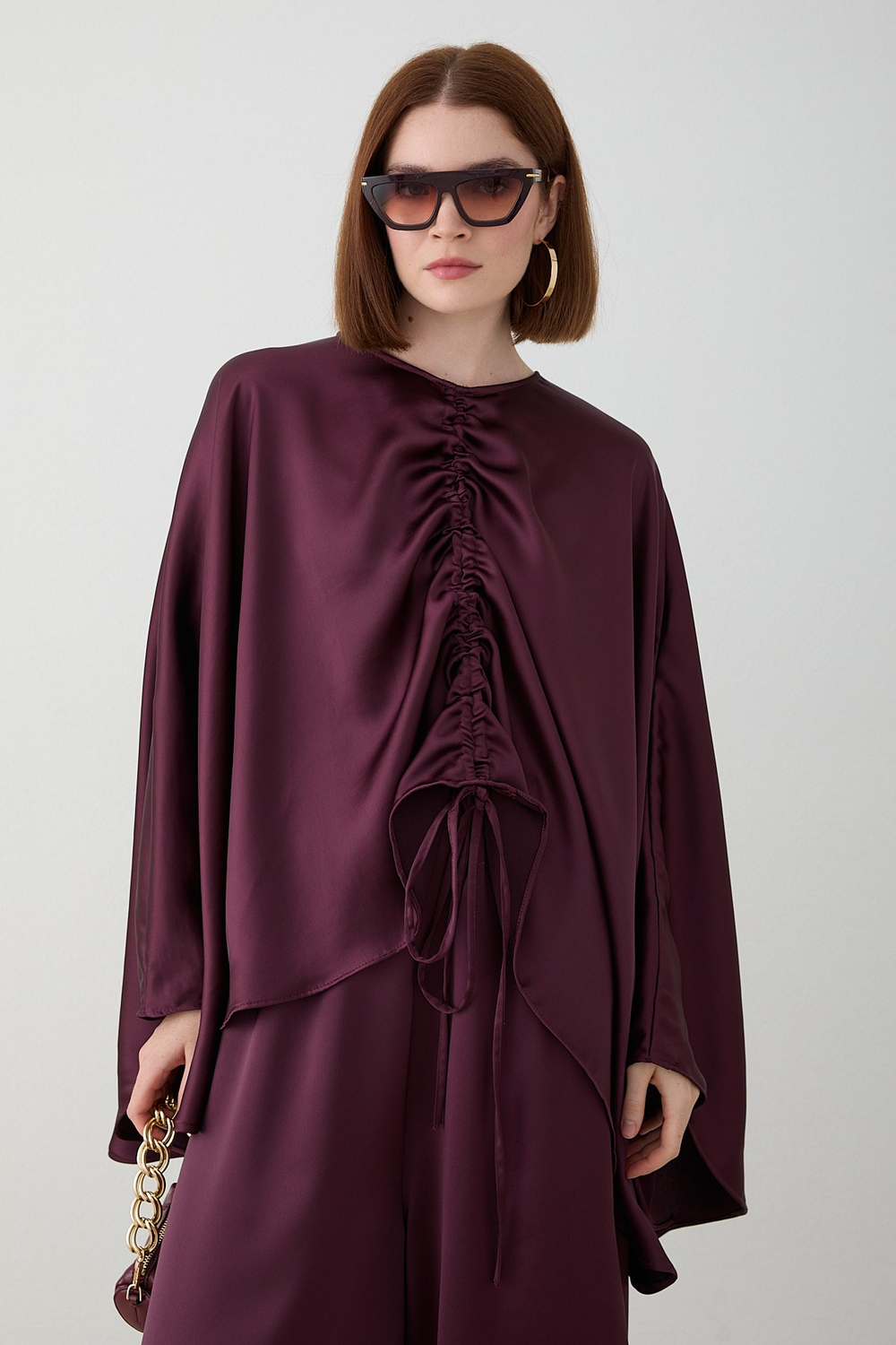 Büzgülü Saten Pantolonlu Takım - Bordo