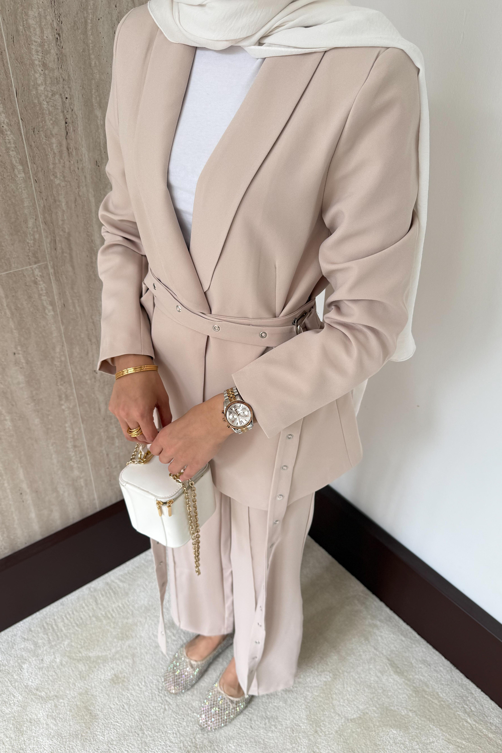 Çift Kemerli Blazer Takım - Taş