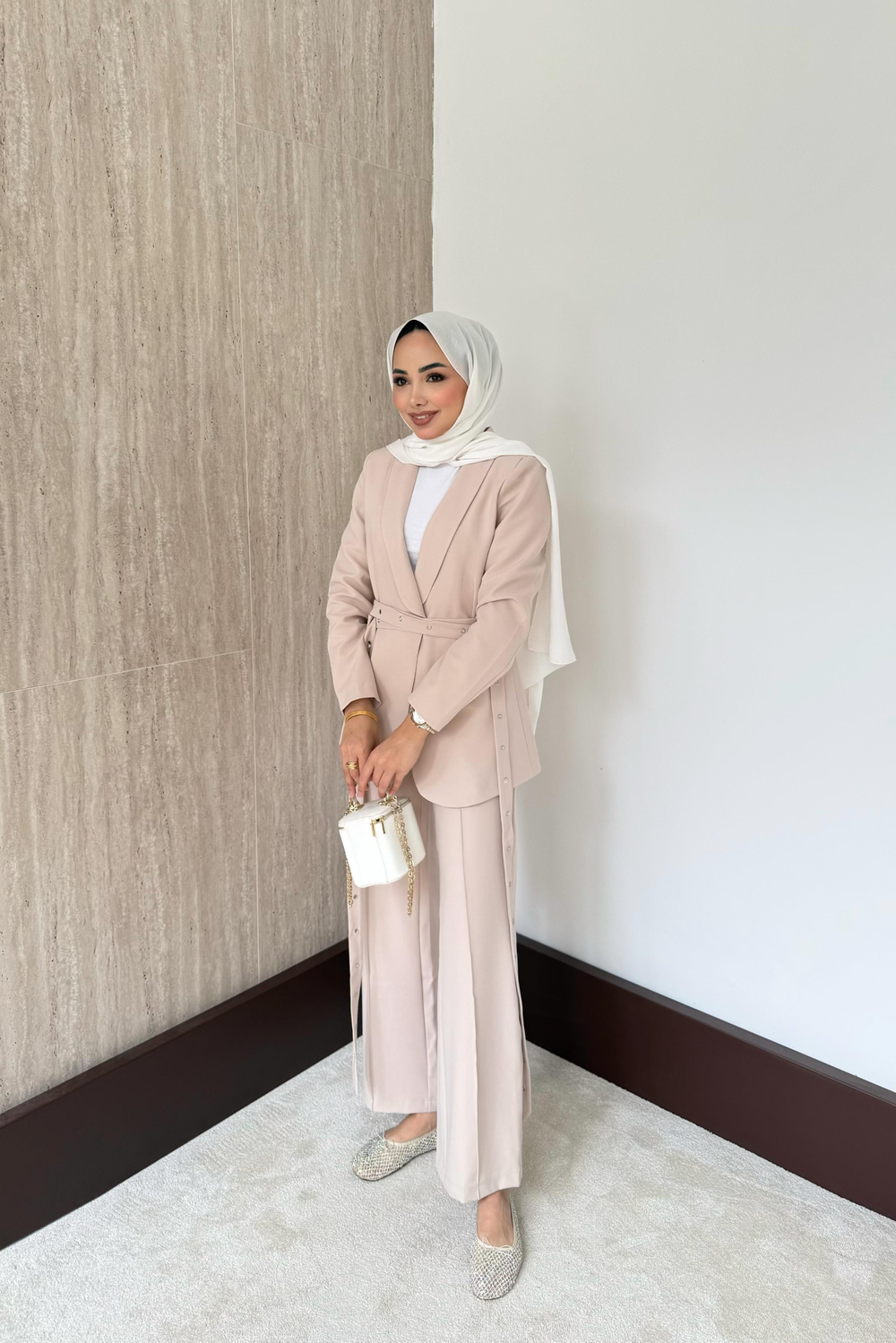 Çift Kemerli Blazer Takım - Taş