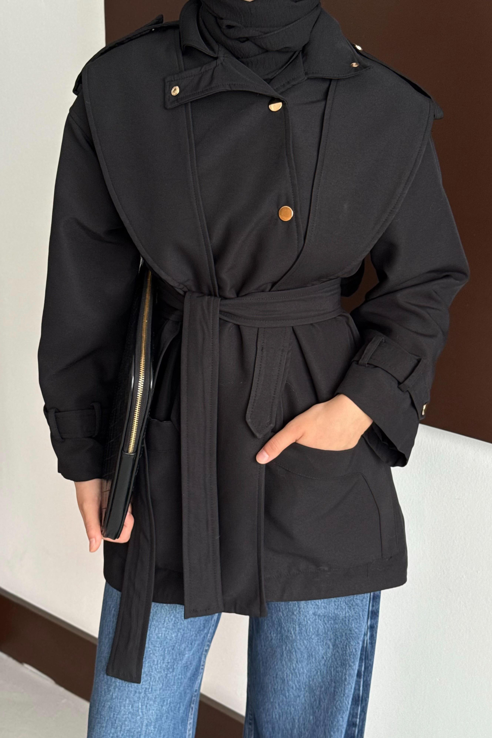 Trench Coat with Snap Buttons -  Black