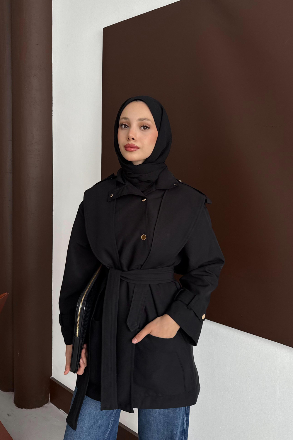 Trench Coat with Snap Buttons -  Black