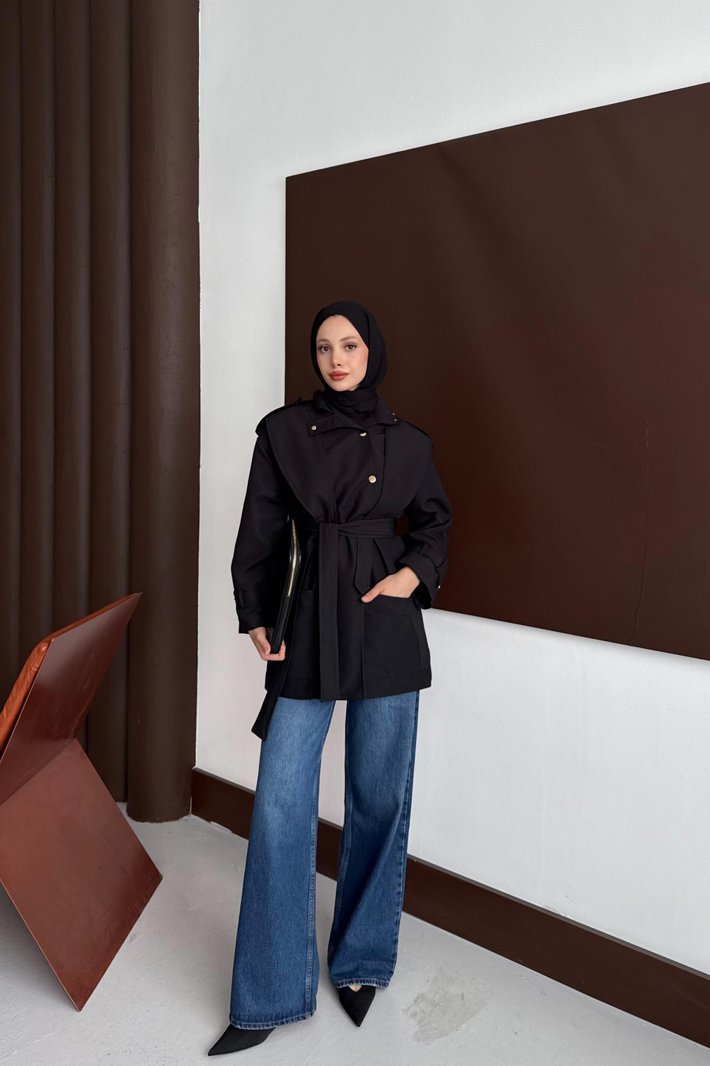Trench Coat with Snap Buttons -  Black