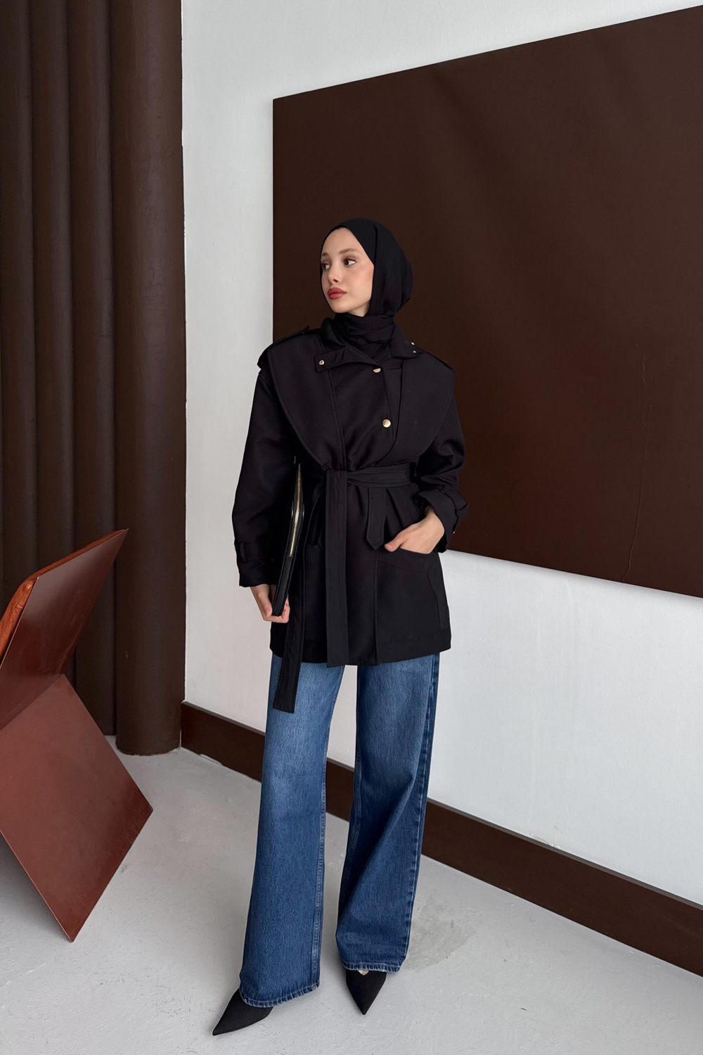 Trench Coat with Snap Buttons -  Black