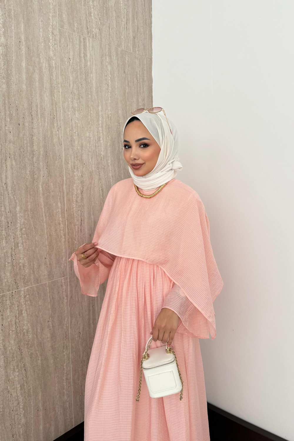 Çizgili Vual Etekli Takım - Pembe