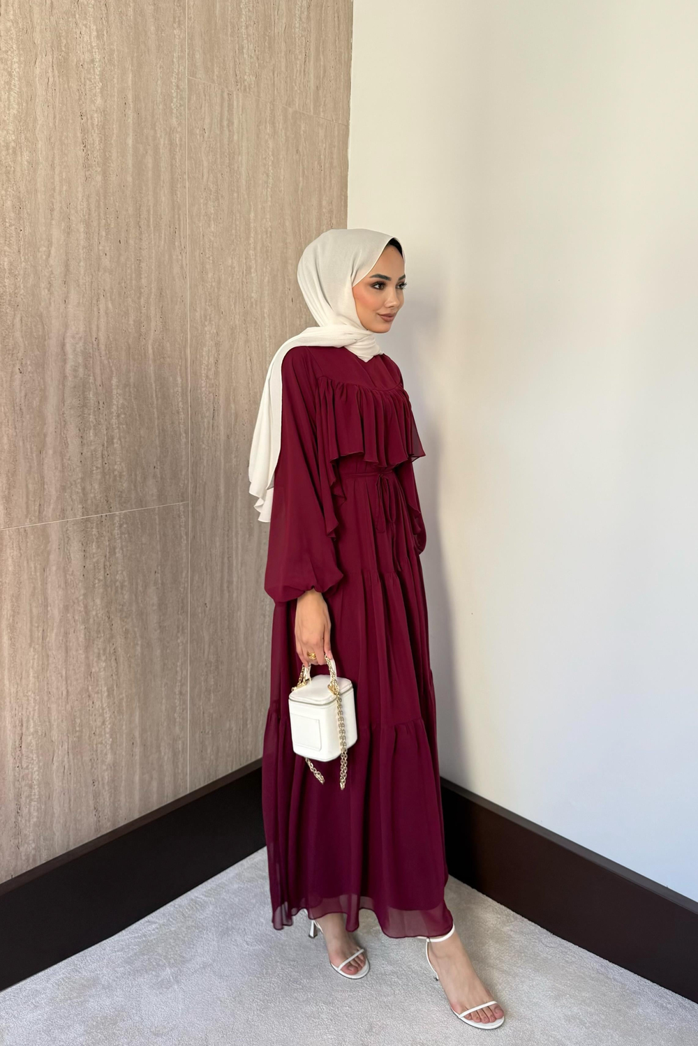 Daisy Fırfırlı Şifon Elbise - Bordo