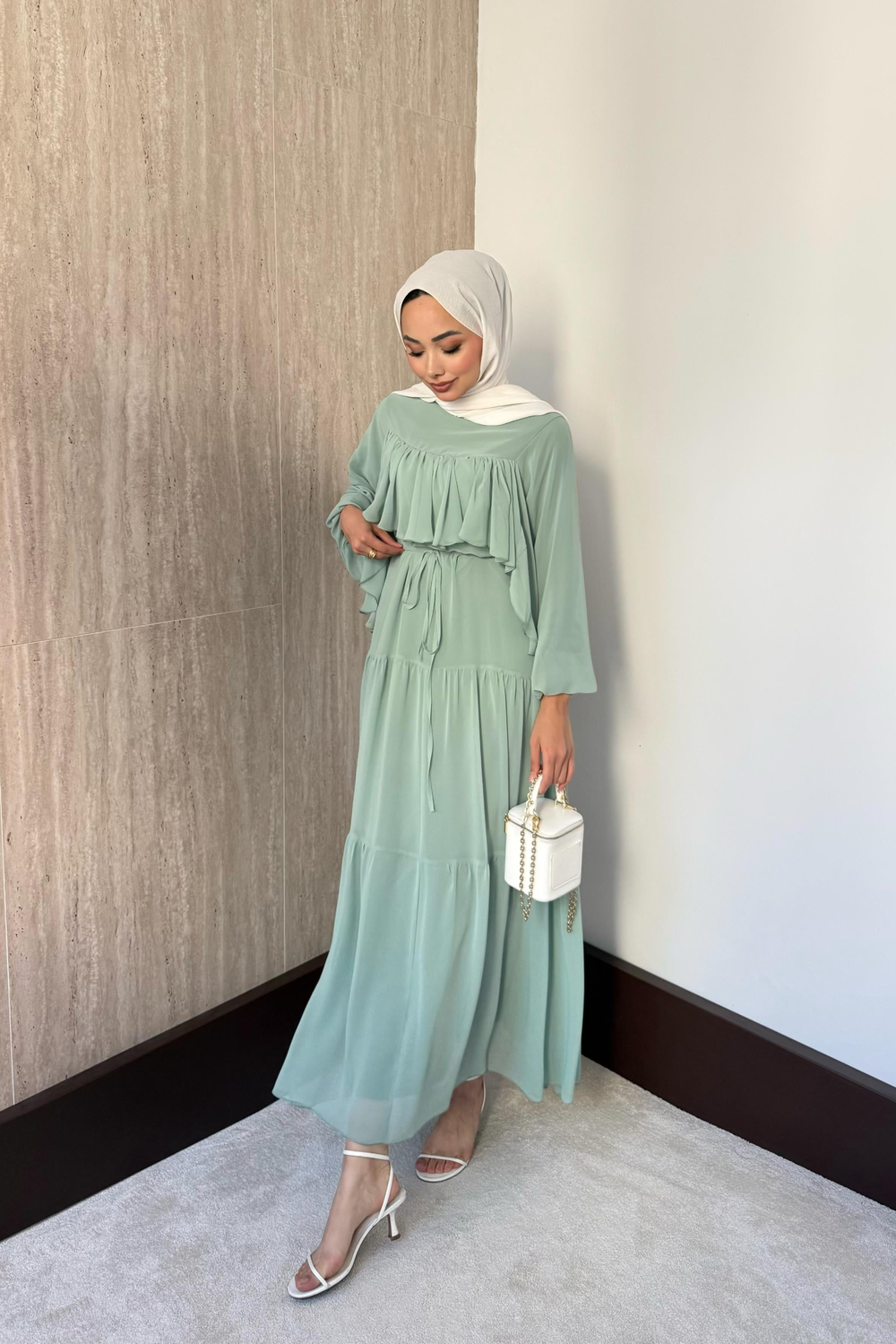 Daisy Fırfırlı Şifon Elbise - Mint