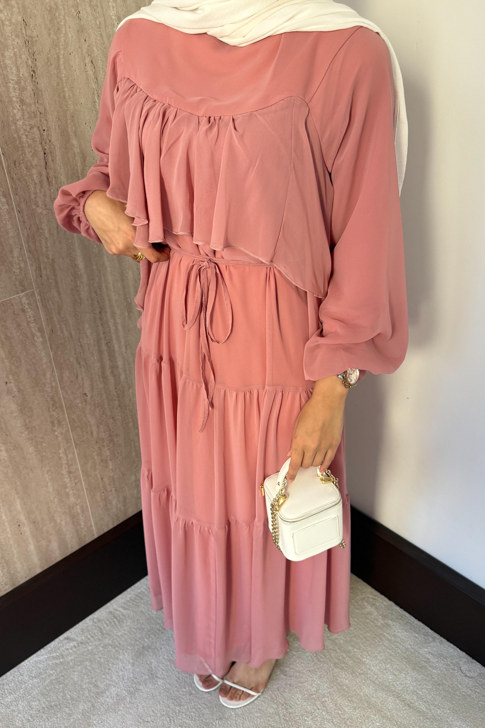 Daisy Fırfırlı Şifon Elbise - Pembe