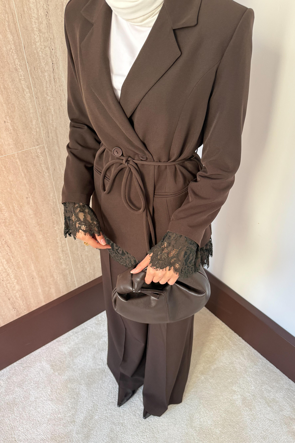 Dantelli Blazer Ceketli Pantolonlu Takım - Kahve