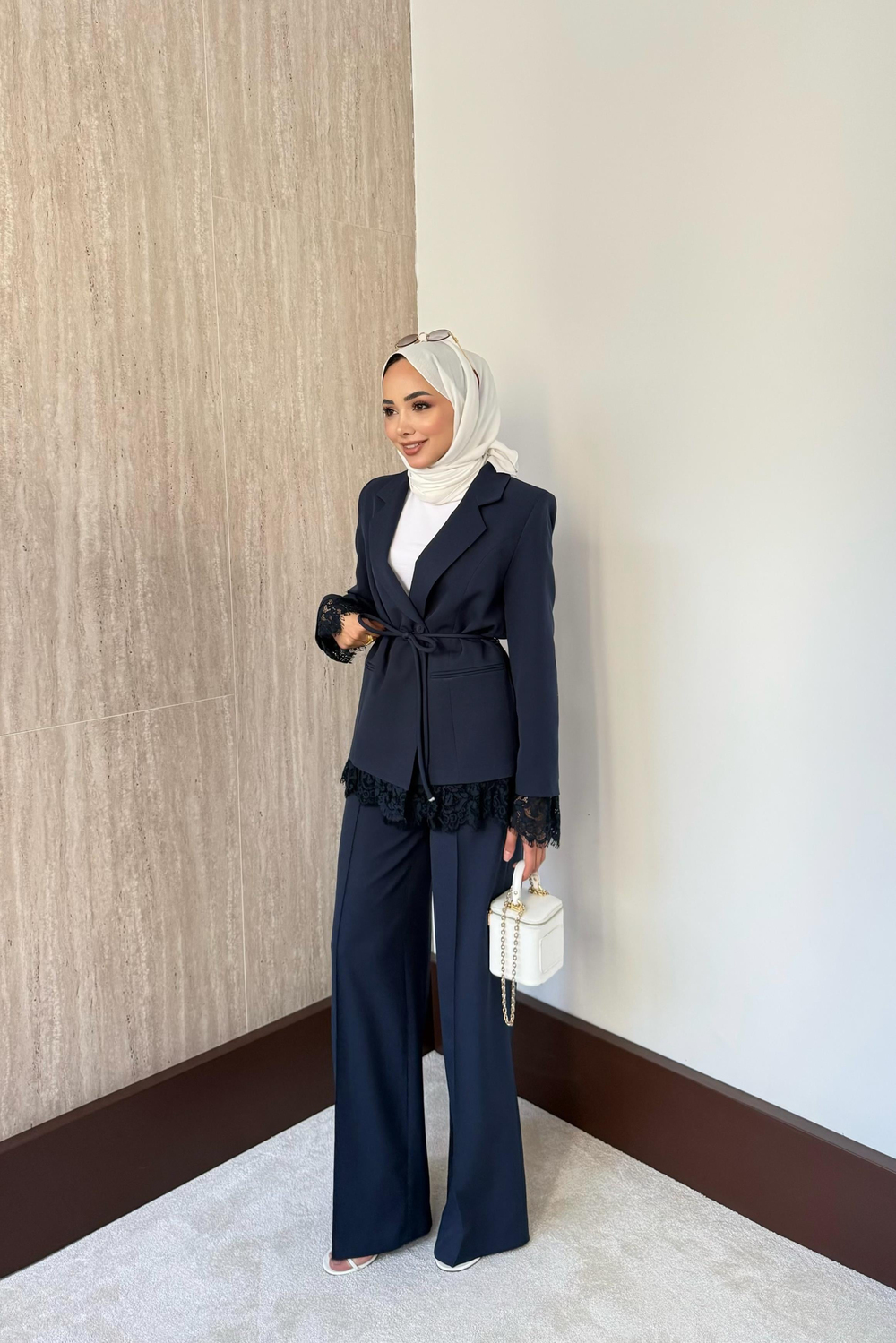 Dantelli Blazer Ceketli Pantolonlu Takım - Lacivert