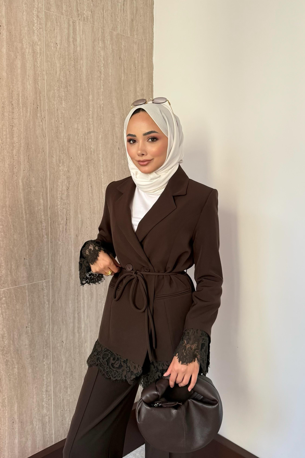 Dantelli Blazer Ceketli Pantolonlu Takım - Kahve