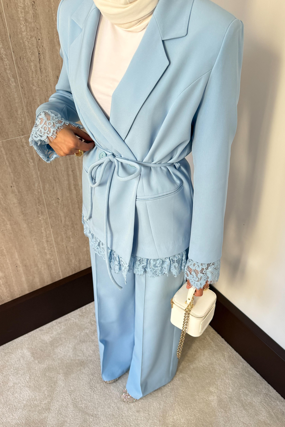 Dantelli Blazer Ceketli Pantolonlu Takım - Mavi