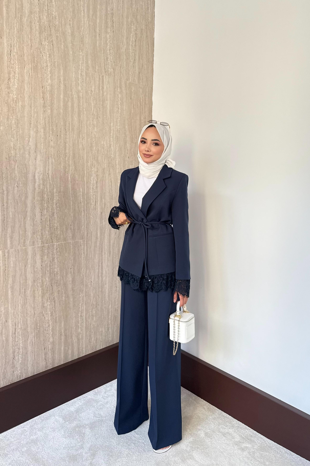 Dantelli Blazer Ceketli Pantolonlu Takım - Lacivert