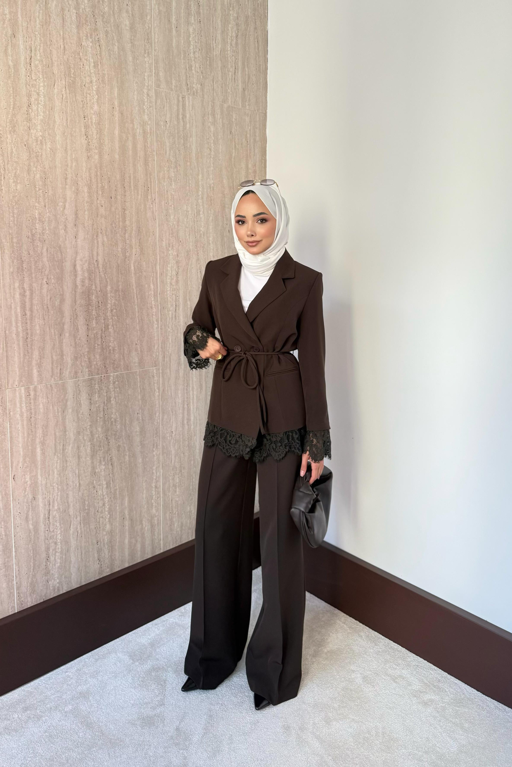 Dantelli Blazer Ceketli Pantolonlu Takım - Kahve
