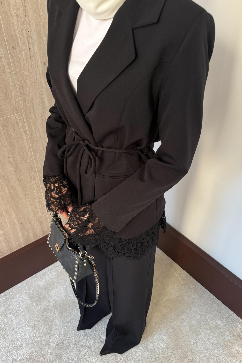 Dantelli Blazer Ceketli Pantolonlu Takım - Siyah