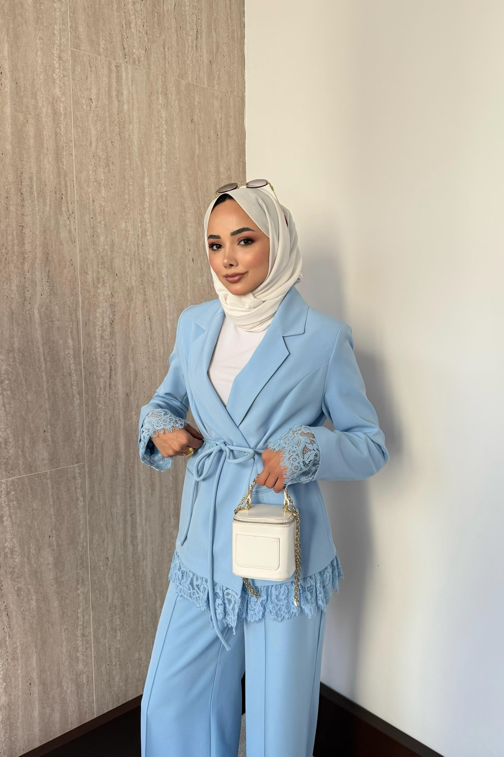 Dantelli Blazer Ceketli Pantolonlu Takım - Mavi