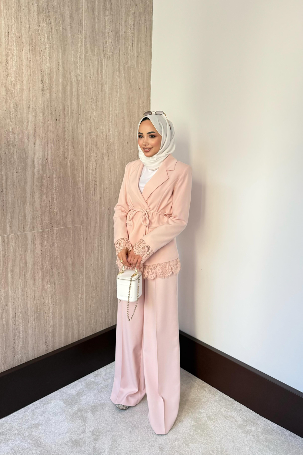 Dantelli Blazer Ceketli Pantolonlu Takım - Pembe