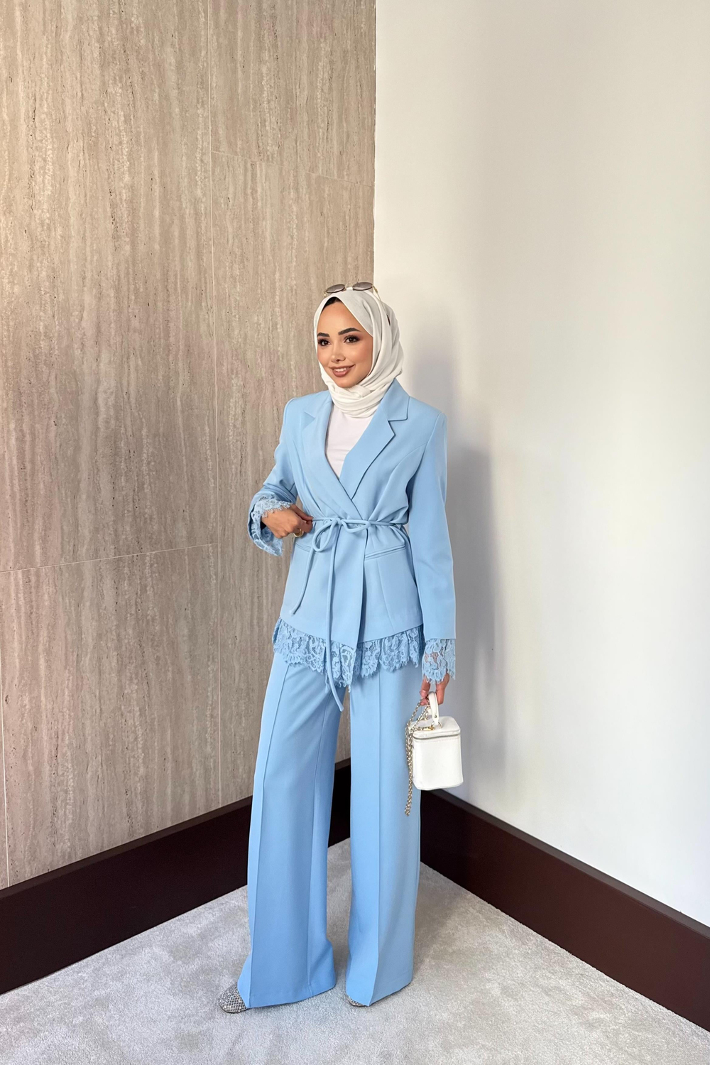 Dantelli Blazer Ceketli Pantolonlu Takım - Mavi