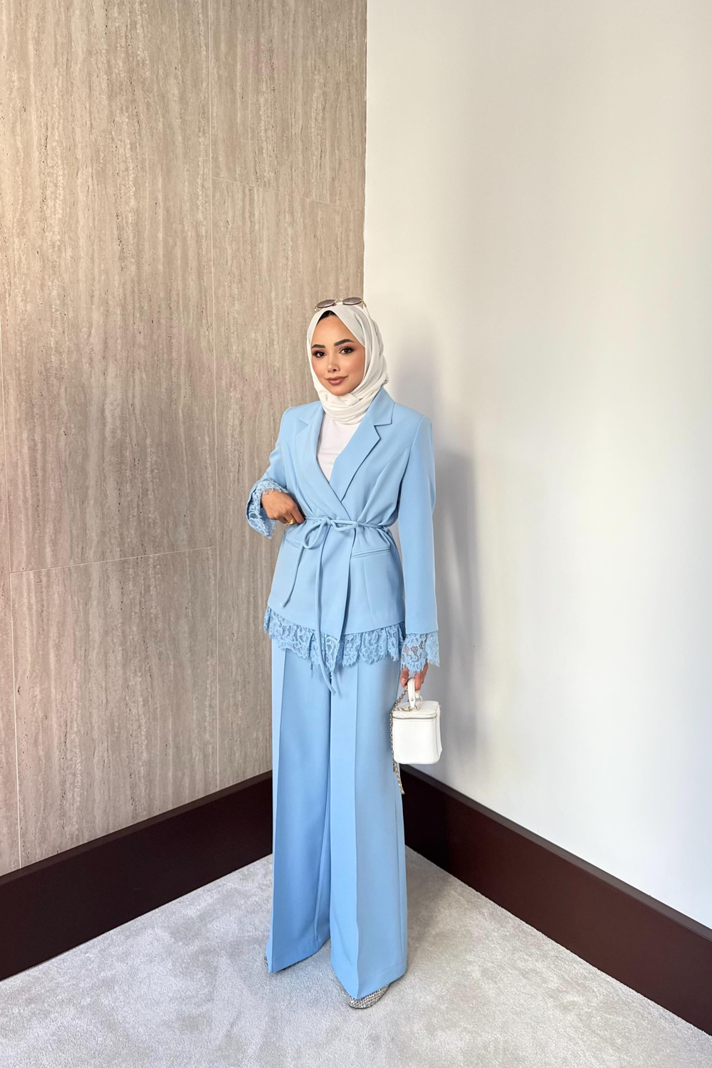 Dantelli Blazer Ceketli Pantolonlu Takım - Mavi