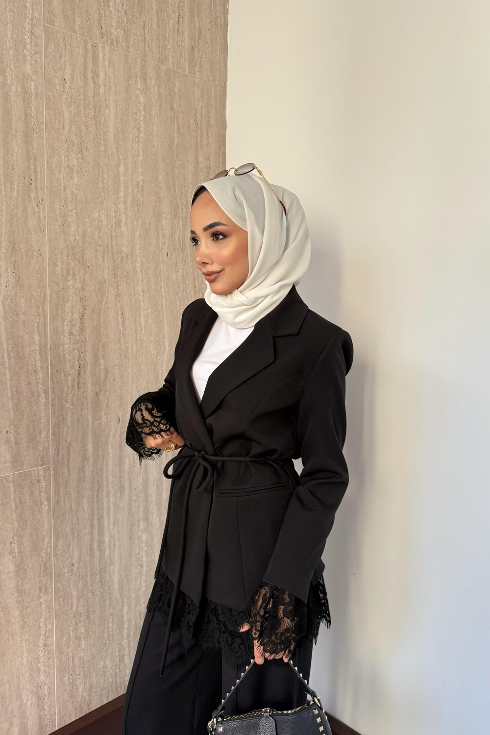 Dantelli Blazer Ceketli Pantolonlu Takım - Siyah