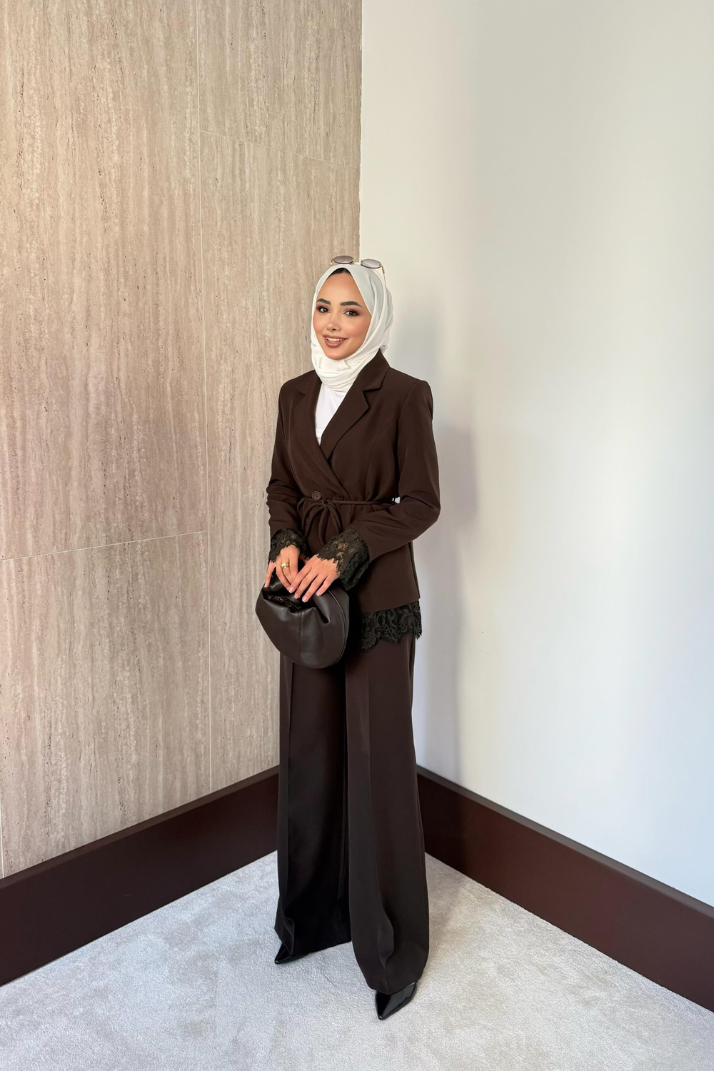 Dantelli Blazer Ceketli Pantolonlu Takım - Kahve